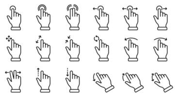 jeu d'icônes de ligne gauche et droite de diapositive de geste. toucher le doigt de la main, glisser et faire glisser le pictogramme linéaire. pincez l'écran, faites pivoter vers le haut sur l'icône de contour de l'écran. trait modifiable. illustration vectorielle isolée. vecteur