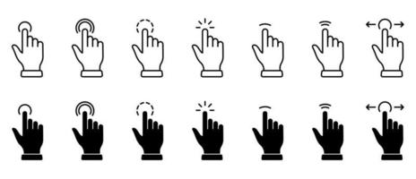 jeu d'icônes de ligne et de silhouette de doigt de curseur de souris d'ordinateur. geste du pointeur de la main sur l'ensemble de pictogrammes noirs du site Web. cliquez sur appuyez deux fois appuyez sur le signe de point de balayage tactile. illustration vectorielle isolée. vecteur