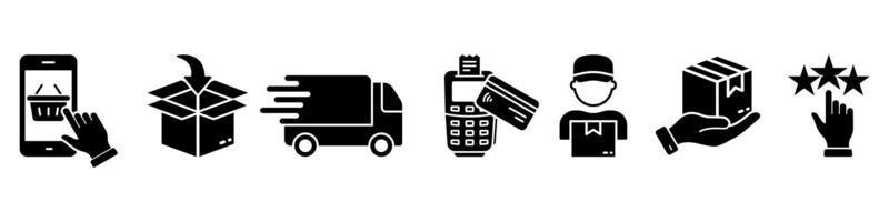 ensemble d'icônes de silhouette de guide de commande d'expédition. pictogramme de glyphe d'infographie de processus de livraison. icône de flux de livraison de la chronologie des achats. paiement au courrier pour l'expédition. illustration vectorielle isolée. vecteur