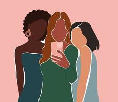 les amis prennent des selfies, s'embrassent. portrait abstrait de filles. affiche contemporaine avec un groupe de femmes. graphiques vectoriels. vecteur