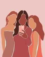 les amis prennent des selfies, s'embrassent. portrait abstrait de filles. affiche contemporaine avec un groupe de femmes. graphiques vectoriels. vecteur