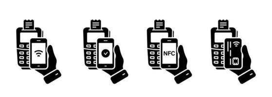 icône de silhouette de traitement de paiement pos. transaction sans numéraire approuvée technologie nfc pictogramme de glyphe de processus de paiement. smartphone, paiement par carte de crédit sur le jeu d'icônes du terminal. illustration vectorielle isolée. vecteur