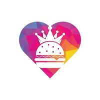 conception de logo vectoriel de concept de forme de coeur de burger king. burger avec concept de logo icône couronne.