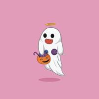 illustration d'un fantôme mignon sur halloween portant un panier de bonbons avec un style d'icône de dessin animé vecteur