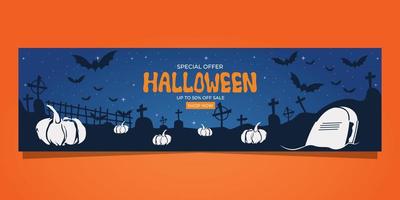 modèle de vente de bannière web pour halloween avec des citrouilles et des pierres tombales sur fond bleu vecteur