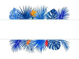 cadre de jungle tropicale de vecteur avec des palmiers bleus, des fleurs et des feuilles sur fond blanc