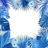 cadre de jungle tropicale de vecteur avec des palmiers bleus, des fleurs et des feuilles sur fond blanc