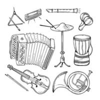 définir des instruments de musique style dessiné à la main. illustration vectorielle de griffonnage noir et blanc vecteur