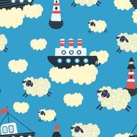 les navires naviguent dans le ciel parmi les nuages et les agneaux. impression pour enfants, motif vectoriel