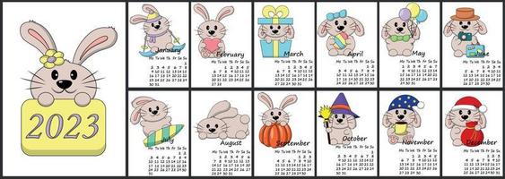 calendrier pour 2023 avec des lapins de personnages de dessins animés mignons. vecteur