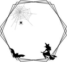 cadre hexagonal. dans le cadre, une araignée sur une toile, une chauve-souris et une sorcière sur un balai est un thème d'halloween. vecteur