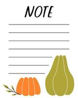 modèle de liste de notes. organisateur et calendrier avec place pour les notes. bon pour les enfants. illustration vectorielle dans la conception d'automne pour le planificateur. citrouille d'automne. mignon et tendance. vecteur