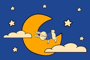 mignon petit lapin ou lapin dormant sur le croissant de lune parmi les étoiles et les nuages. illustration de dessin animé de vecteur. vecteur