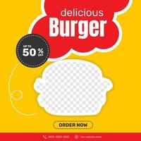 bannière de médias sociaux délicieux burger et menu alimentaire. - vecteur. vecteur