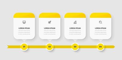 conception de modèle d'infographie de chronologie avec couleur jaune, rectangle arrondi, 4 chiffres et icônes. peut être utilisé pour le diagramme de processus, les présentations, la mise en page du flux de travail, la bannière, l'organigramme vecteur