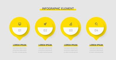 présentation infographique d'entreprise avec des cercles, des chiffres et des icônes de couleur jaune 4. peut être utilisé pour le diagramme de processus, les présentations, la mise en page du flux de travail, la bannière, l'organigramme vecteur