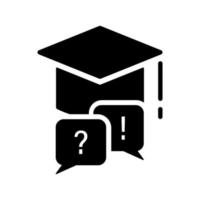 icône de silhouette de casquette académique carrée. pictogramme de glyphe de concept de faq de l'éducation. point d'exclamation, point d'interrogation sur la bulle de dialogue avec le signe de graduation du mortier. illustration vectorielle isolée. vecteur