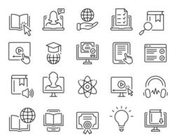 éducation en ligne dans l'ensemble d'icônes de ligne scolaire et universitaire. étude numérique dans le pictogramme linéaire des cours d'informatique. livre web, symbole de plan de bibliothèque de technologie. trait modifiable. illustration vectorielle isolée. vecteur