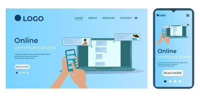 communications en ligne.smartphone pratique et ordinateur portable.modèle pour l'interface utilisateur de la page d'accueil du site Web.modèle de page d'accueil.la conception adaptative du smartphone.illustration vectorielle. vecteur