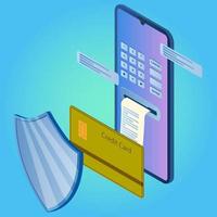 protection des transferts en ligne.image isométrique d'un smartphone et d'une carte bancaire protégés par un bouclier.le concept de transferts d'argent sécurisés utilisant des technologies modernes.illustration vectorielle. vecteur