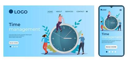 gestion du temps.les gens se tiennent près de l'horloge..modèle pour l'interface utilisateur de la page d'accueil du site.modèle de page de destination.la conception adaptative du smartphone.illustration vectorielle. vecteur