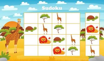 jeu de société sudoku pour enfants avec girafe de dessin animé et lion dans le désert. énigme avec des personnages d'animaux africains vecteur