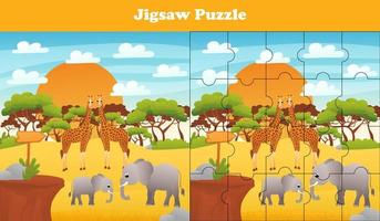 illustration vectorielle de dessin animé d'un jeu de puzzle éducatif pour les enfants d'âge préscolaire avec une girafe et des éléphants drôles vecteur