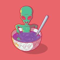 caractère extraterrestre sur l'illustration vectorielle de bol de soupe spatiale. découvrir, astronomie, concept de design alimentaire. vecteur