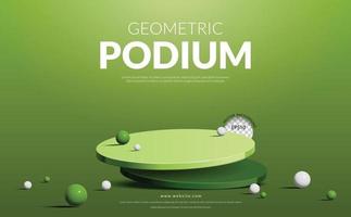 affichage géométrique du produit en deux étapes, podium vert avec ballon sur fond vert, illustration vectorielle