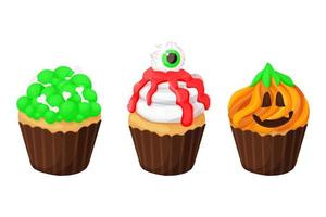 set cupcake halloween monster dessert avec os, sang, visage de citrouille en style cartoon isolé sur fond blanc. illustration vectorielle vecteur