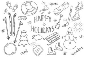 ensemble vectoriel de sports d'hiver et d'objets pour les activités de plein air dans le style doodle.