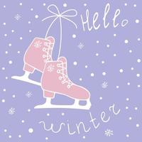 fond d'hiver vectoriel - patins bouclés dans le style doodle sur fond de flocons de neige. Bonjour l'hiver.