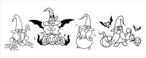 gnome vectoriel halloween en chapeau avec bonbons, chauve-souris, toile d'araignée, barbe, feu, potion magique et crâne. définir la carte de voeux de vacances vectorielles. La charité s'il-vous-plaît. isolé sur fond blanc. parfait pour halloween.