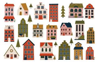 joyeux noël et bonne année ensemble de diverses petites maisons. illustrations modernes de dessin à la main. art contemporain coloré vecteur