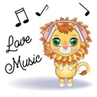 lion de dessin animé mignon avec des écouteurs, écoute de la musique, note, clé de sol vecteur