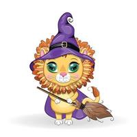 Lion de dessin animé mignon avec de beaux yeux, orange dans un chapeau et une cape de sorcière violets. Halloween 2022. vecteur