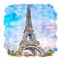 tour eiffel paris france croquis aquarelle illustration dessinée à la main vecteur