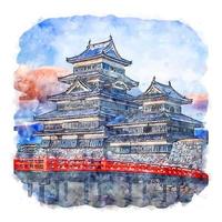 château de matsumoto japon croquis aquarelle illustration dessinée à la main vecteur