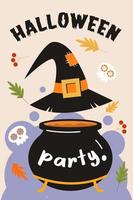 Fête d'Halloween. affiche de vecteur, invitation, bannière avec un chapeau de sorcière et un chaudron noir. vecteur