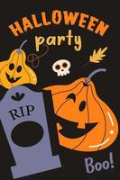 affiche de vecteur d'halloween heureux, bannière, invitation avec des citrouilles orange effrayantes et drôles.