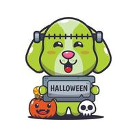 chien zombie mignon tenant une pierre de voeux d'halloween. illustration de dessin animé mignon halloween. vecteur