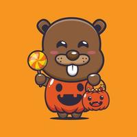 castor mignon avec costume de citrouille d'halloween. illustration de dessin animé mignon halloween. vecteur