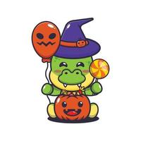 mignon sorcière dino tenant un ballon d'halloween et des bonbons. illustration de dessin animé mignon halloween. vecteur