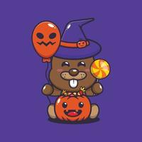 joli castor de sorcière tenant un ballon d'halloween et des bonbons. illustration de dessin animé mignon halloween. vecteur