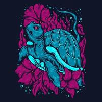 illustration vectorielle tortue de mer colorée sous l'eau entourée d'algues et de fleurs illustration vintage vecteur