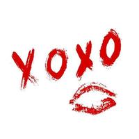 xoxo phrase écrite à la main et baiser rouge à lèvres isolé sur fond blanc. câlins et bisous signe. brosse grunge lettrage xo. modèle facile à modifier pour la carte de voeux, la bannière, l'affiche de la saint-valentin. vecteur