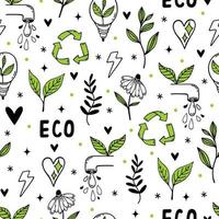 eco doodles modèle vectorielle continue. symboles de protection de l'environnement - bioénergie, recyclage, économie d'eau. passez au vert, zéro déchet. bio énergie, produit naturel. arrière-plan pour papiers peints, papiers d'emballage vecteur