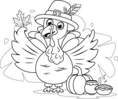 coloriage. une dinde de dessin animé dans un chapeau de thanksgiving vecteur