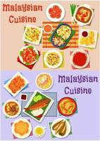 conception de jeu d'icônes de plats de dîner de cuisine malaisienne vecteur