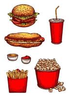 icônes de croquis vectoriels collations de restauration rapide ou hamburgers vecteur